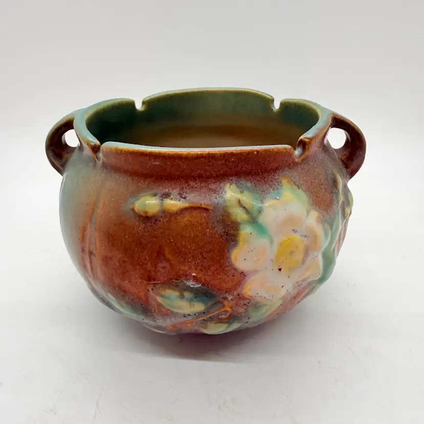 Vintage Roseville Pottery White Rose Small Jardiniere Vase 653-3 Brown Green