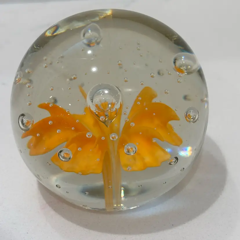 Art Glass Orange Flower With Controlled Bubbles 2.25” T