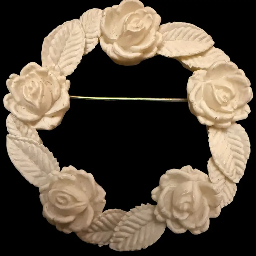 Celluloid Wedding Cake Floral Wreath Brooch 2”