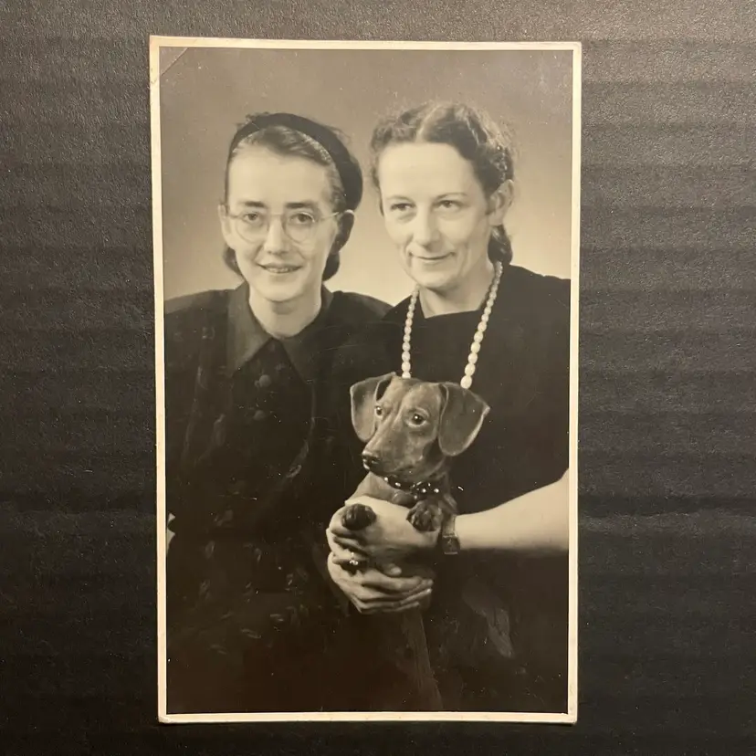 “Mother, Daughter & Dachshund” Black & White Vintage Family Photograph, Women & Their Dog 5.25x3.25”