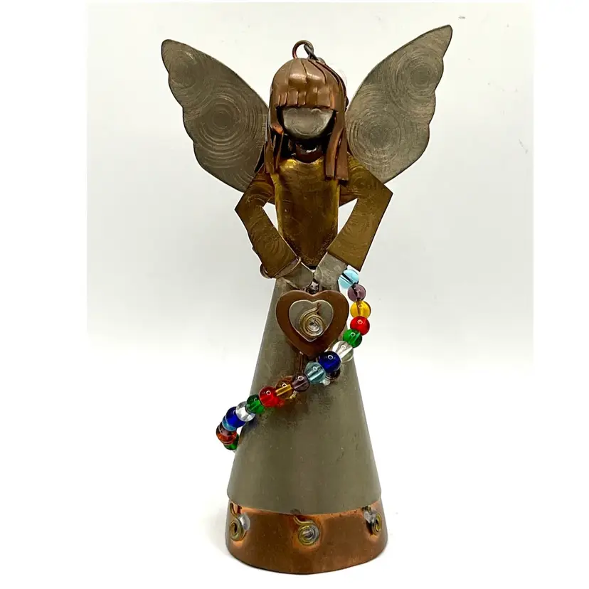 Handmade Christmas Angel Ornament Metal Scraps Figurine Colorful Beads Heart 5 in