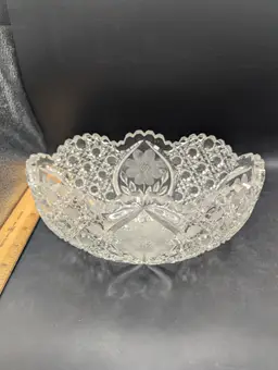 Vintage Lead Crystal Oval Button and Etched Daisy Bowl With Sawtooth Edge Two Teeth Small Chips