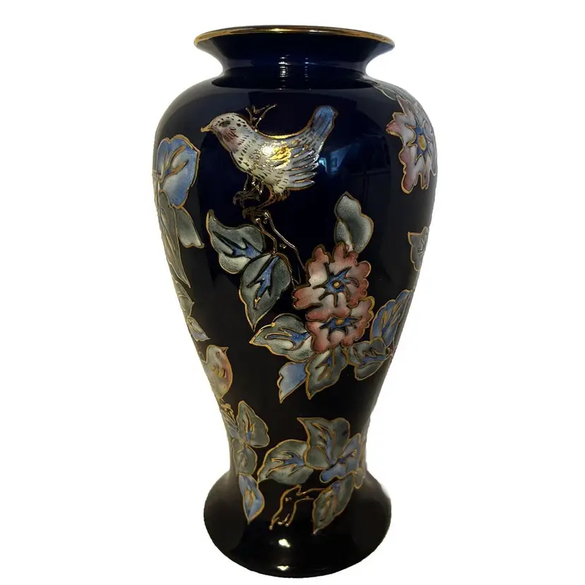 Vintage Chinoiserie Birds & Floral Cobalt Blue & Gold Hand Painted 12" Tall Vase