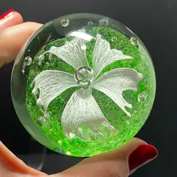 Vibrant Green Ground White Flower Paperweight 2” X 3”
