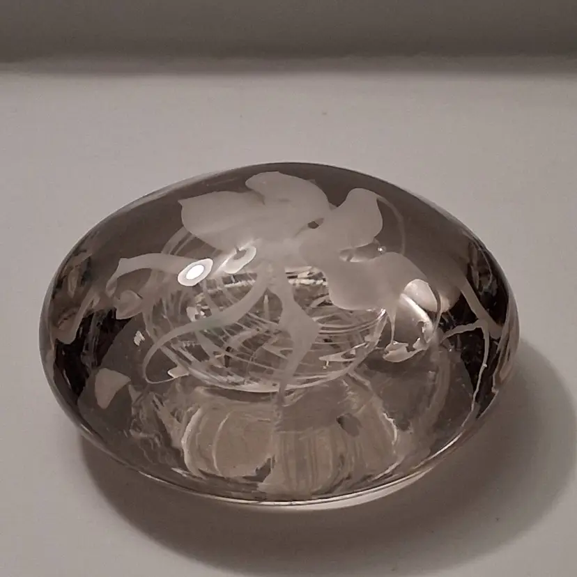 Vintage LEVAY GLASS Art Glass White & Clear Disc Paperweight-Signed!