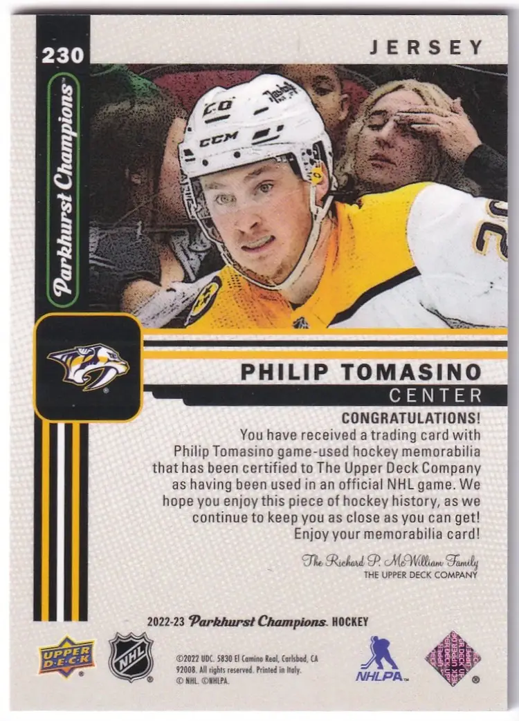 2022-23 Parkhurst Champions Jerseys #230 Philip Tomasino Nashville Predators Hockey Card