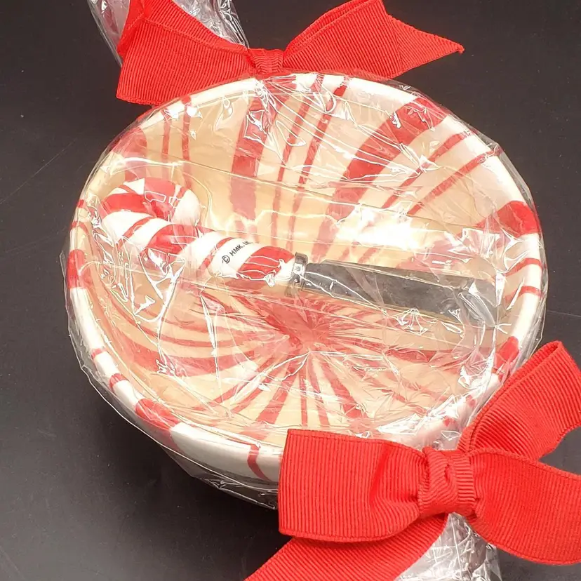 Peppermint Candy Cane Ceramic Bowl and Spreader Set NIP Hallmark