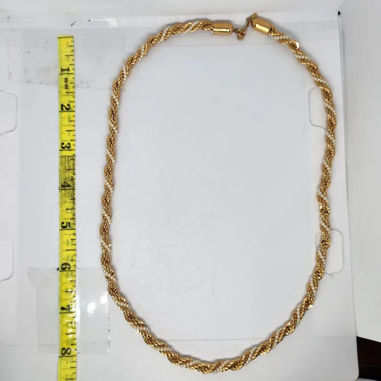 Vintage Monet Gold Tone Chunky Chain Faux Seed Pearl Thick Rope Twisted Necklace