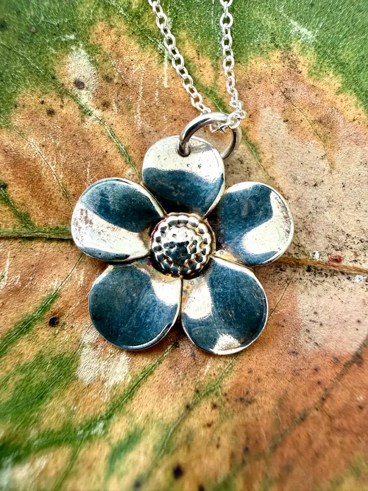 Sterling Silver Flower Pendant On SS Chain Necklace