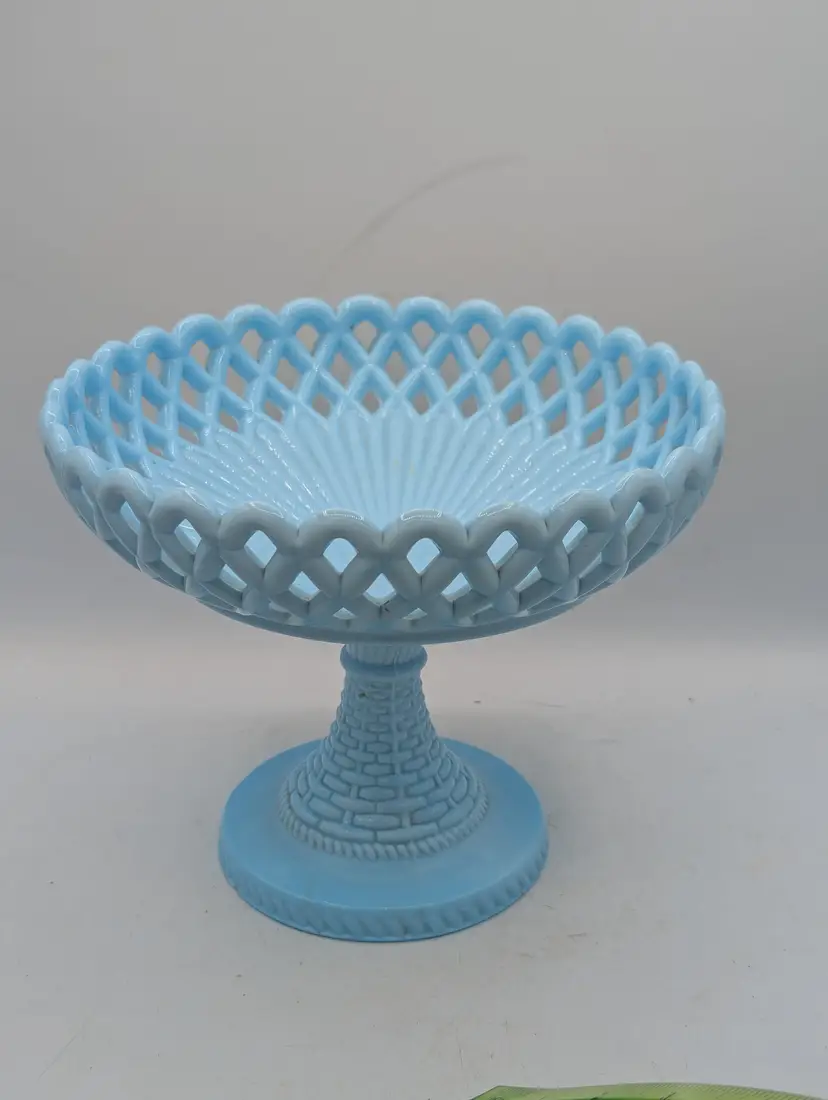 Blue Basketweave Fruit Pedestal Lattice Milk Glass CHALLINOR & Taylor Flint