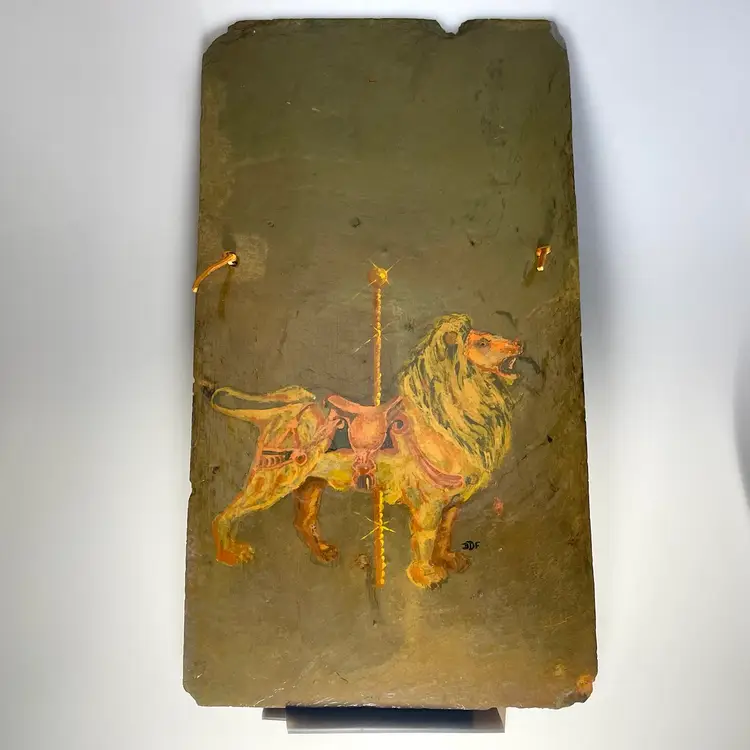 Carousel Lion Painting on Slate Large Wall Hanging Vintage Signed DDF 18.25x10"