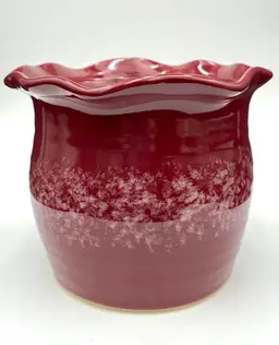 Studio Pottery Cache Pot/Planter, Ruffled, 5", Berry Red w/Speckled Band, Signed