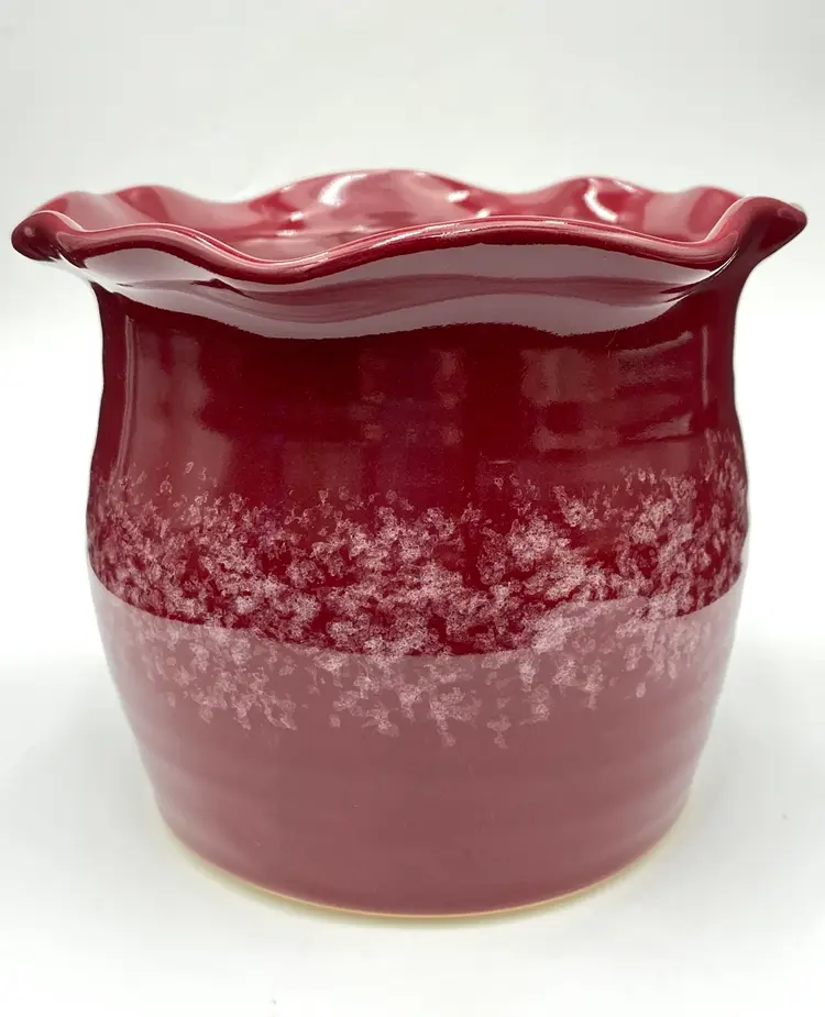 Studio Pottery Cache Pot/Planter, Ruffled, 5", Berry Red w/Speckled Band, Signed