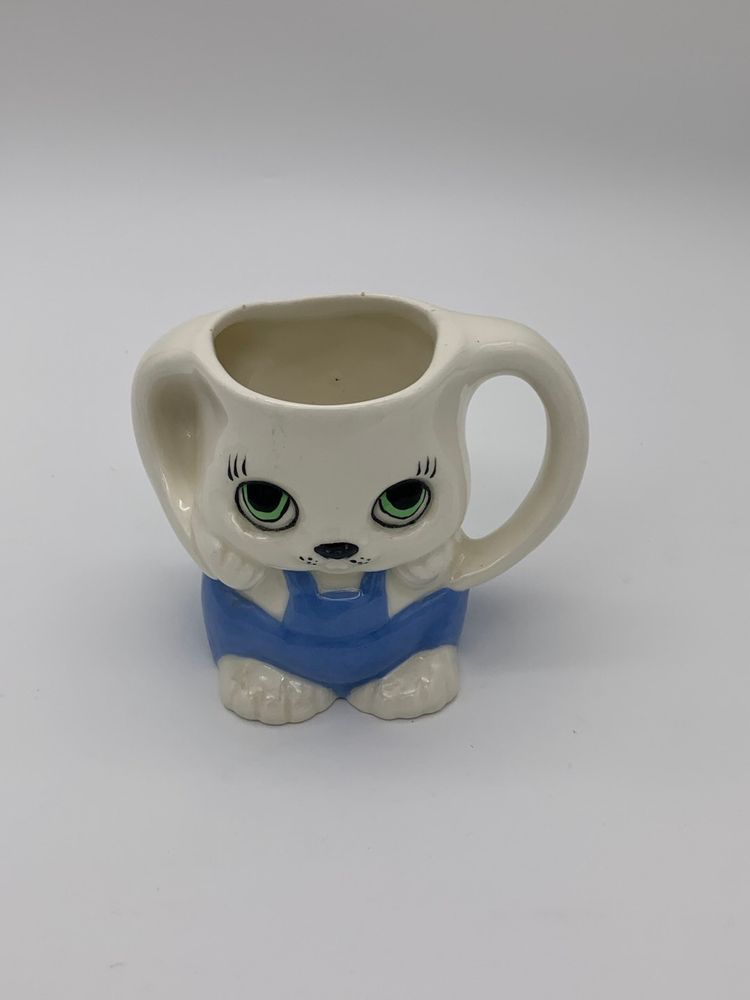 Signed rmk Vtg. Hand-Painted  Ceramic Bunny Rabbit Mug Vase Planter With Handles