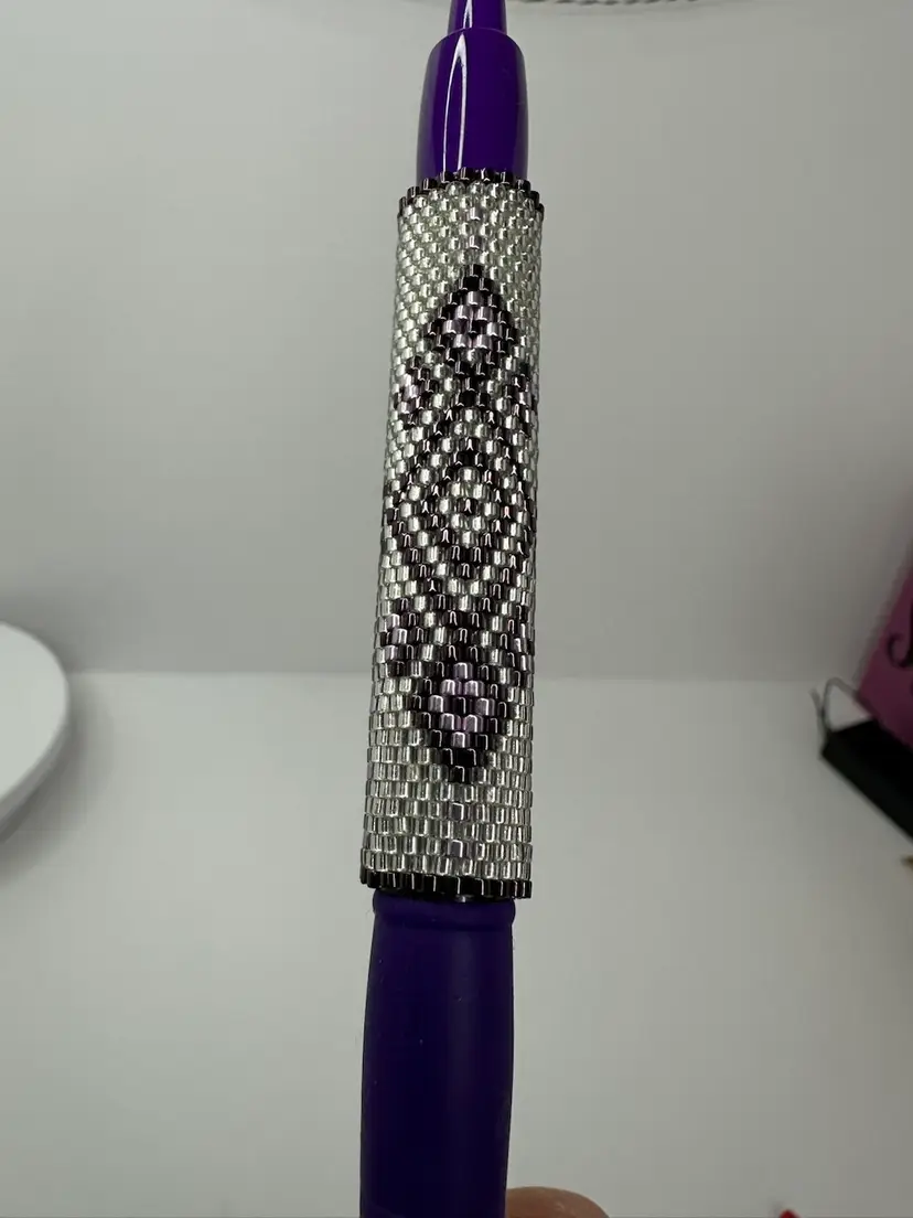 H007. Hand Beaded Pen Sleeve Purple And Silver