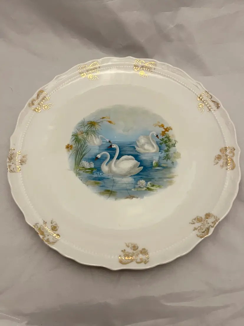 Cake Plate with Swans Early 1900's 9.25"D, Antique
