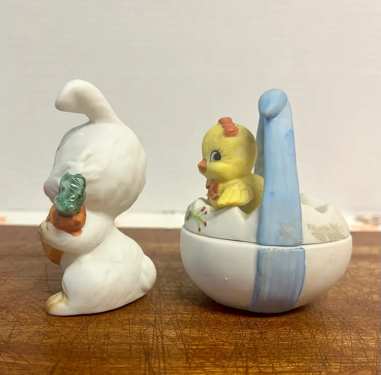 Vintage Lefton China Anthropomorphic Easter Collectibles Bunny Figurine Baby Chick Trinket Box , Kitschy Decor