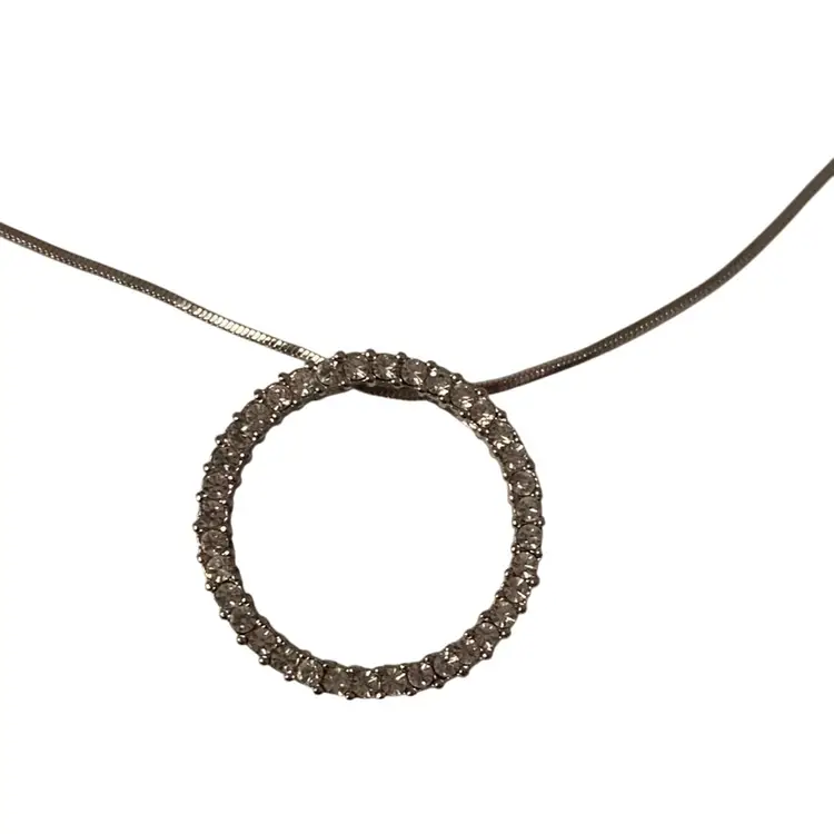 Circle Pendant With Rhinestones Necklace On Silvertone Chain
