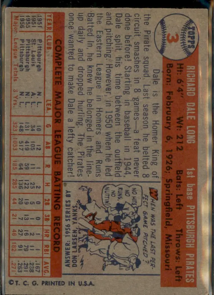 1957 Topps #3 Dale Long - ( pk1 ) - Pittsburgh Pirates