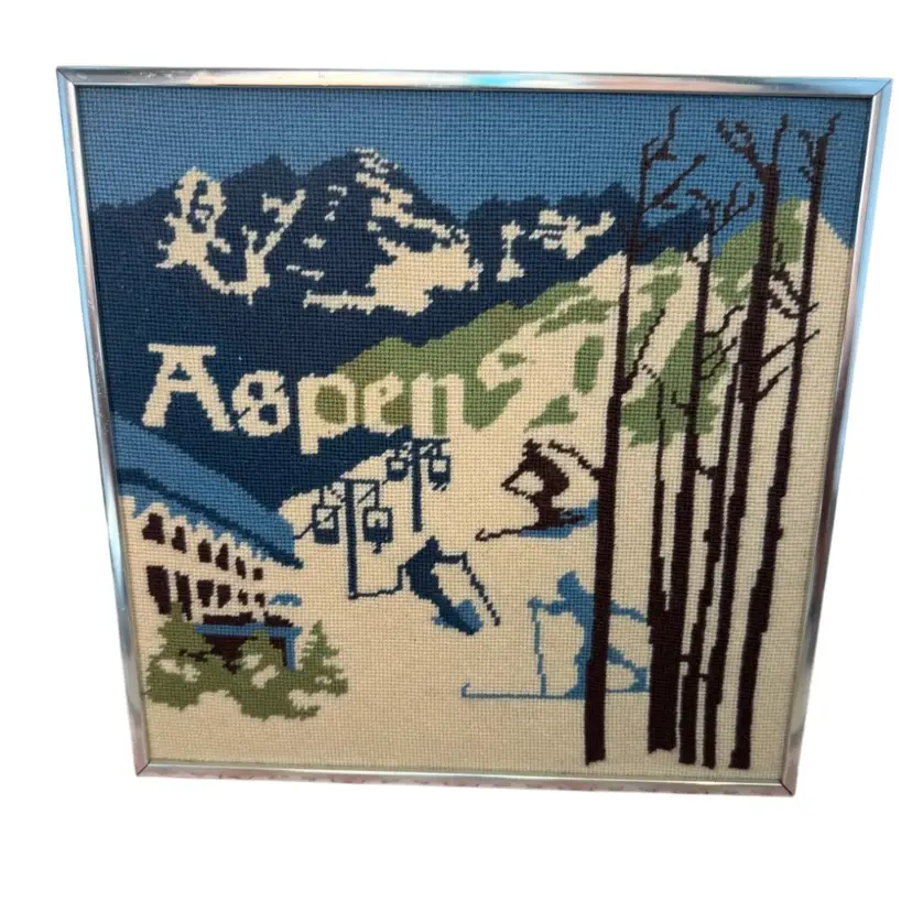 Aspen Colorado Ski Scene Needlepoint Framed In Silver Retro