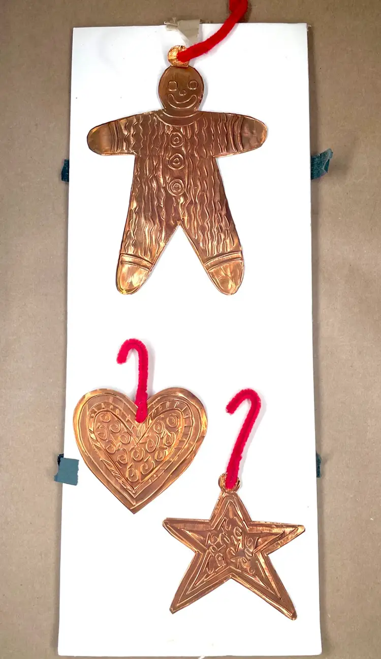 Vintage Hobbyist Primitive Children's Copper Foil Holiday Christmas Ornaments