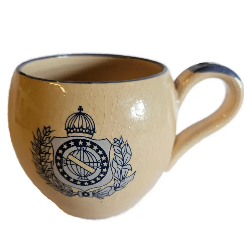 #01 - Signed Vintage Large Mug with National Arms of the Empire of Brazil on Front and Stamp on Bottom Written in Portuguese