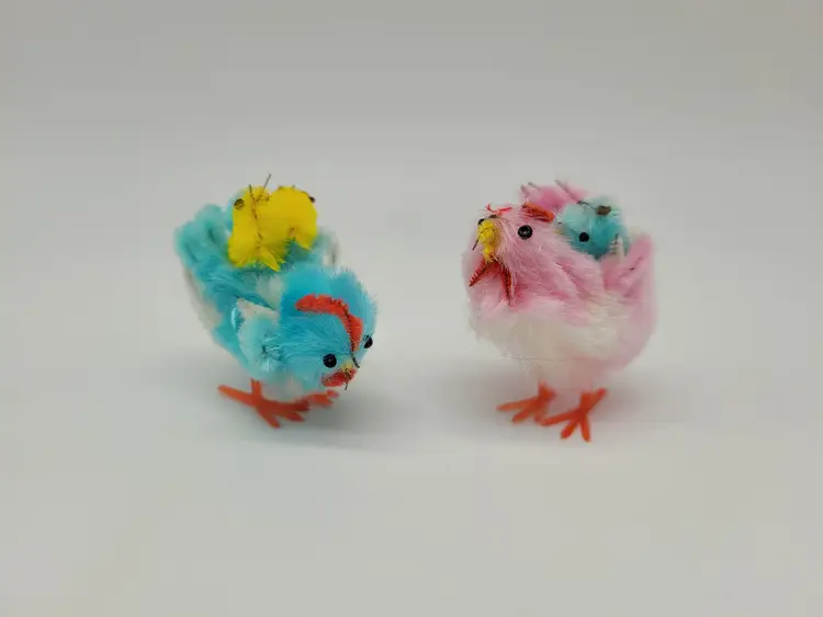 Set Of 2 Vintage Miniature Chenille Easter Hen With Chicks On Back