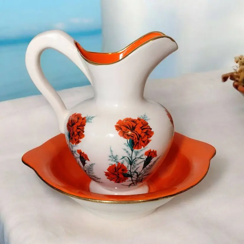 Vintage Carnation Washbasin Pitcher Set Handmade Nancy Fore Ceramics Cottage