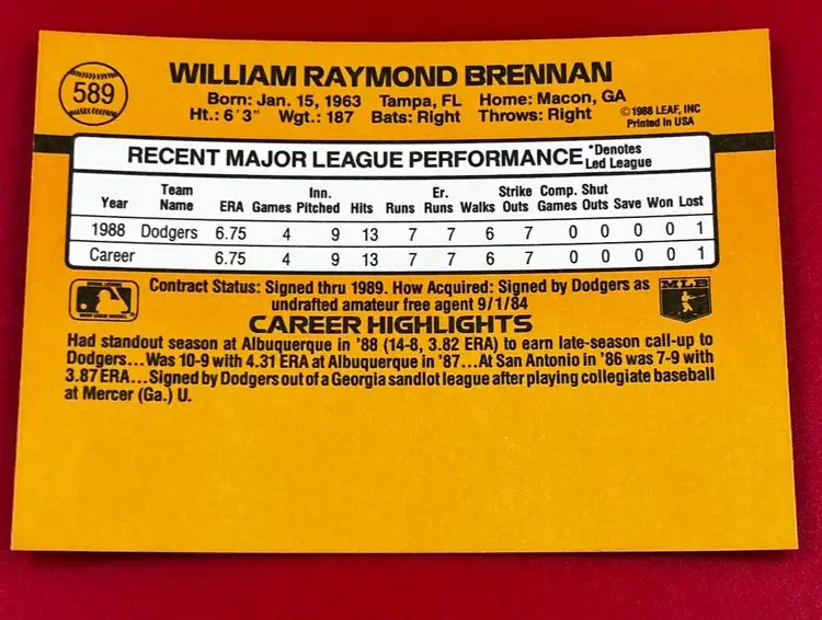 1989 Donruss Collector Baseball Trading Card Dodgers William Brennan #589