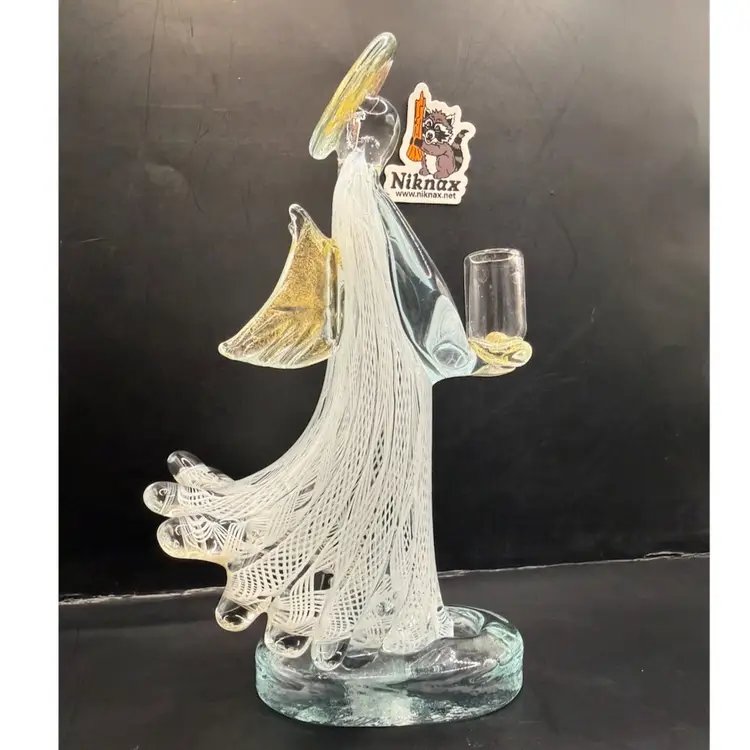 Murano White Zanfirico Gold Foil Art Glass Angel Figurine Candle Holder 8.5”