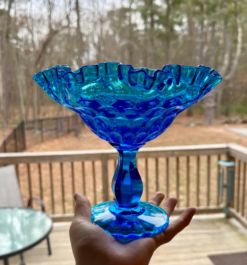 Fenton Colonial Blue “Thumbprint” Compote Pedestal Bowl