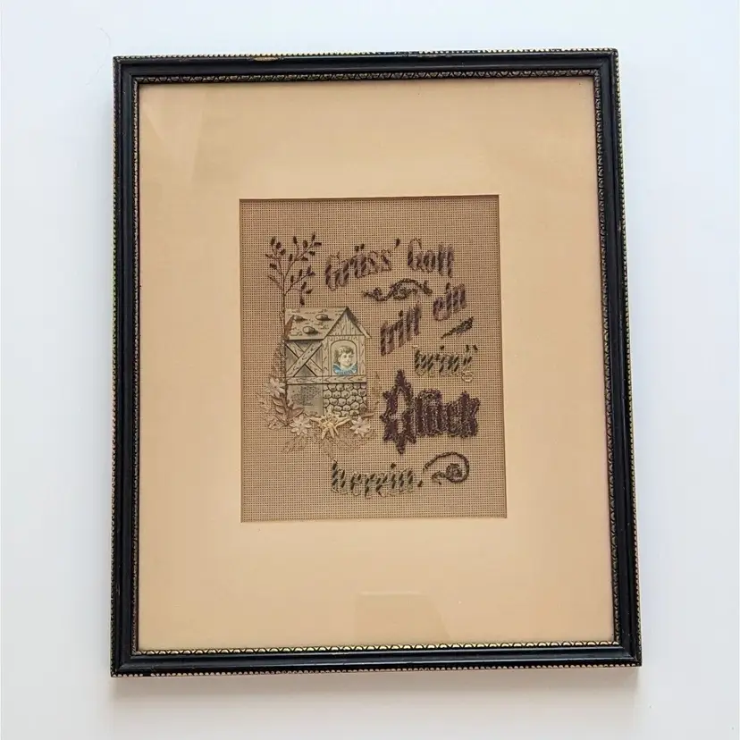Antique German Victorian Punch Needlework Framed "Come In Bring Luck With You"