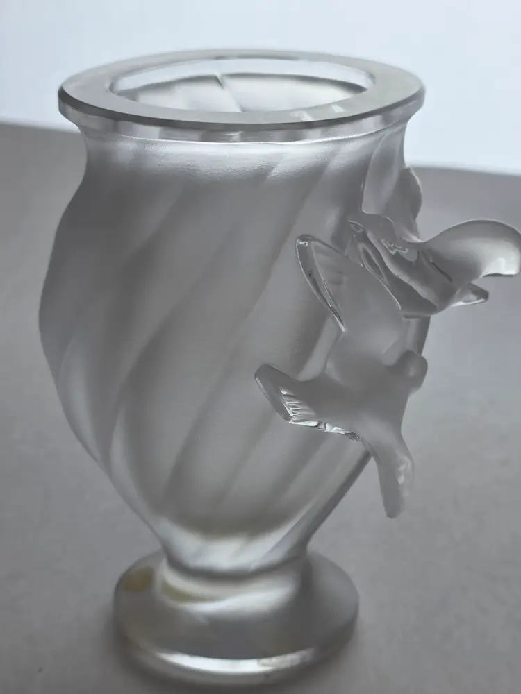 Signed Lalique frosted bird vase