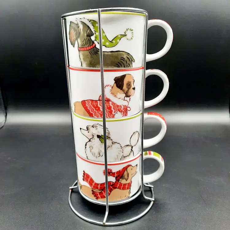 Pier 1 Stacking Mugs Christmas Dogs Set of 4 With Metal Holder Stand