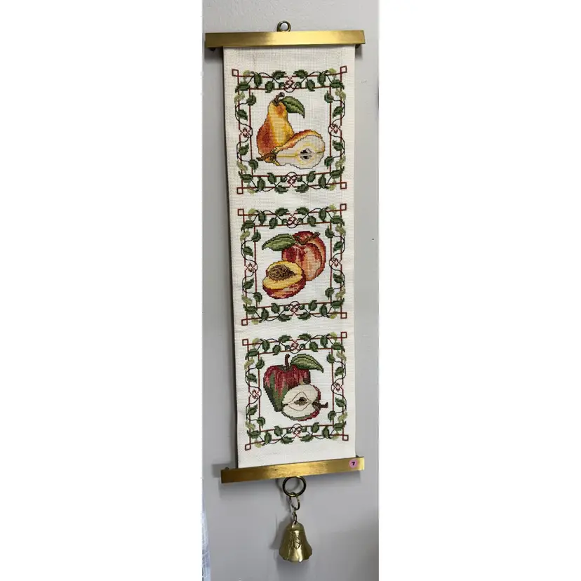 Cross-stitch bellpull featuring fruits and a decorative border, Brass Holder And Brass Bell, 29” Long Including Bell