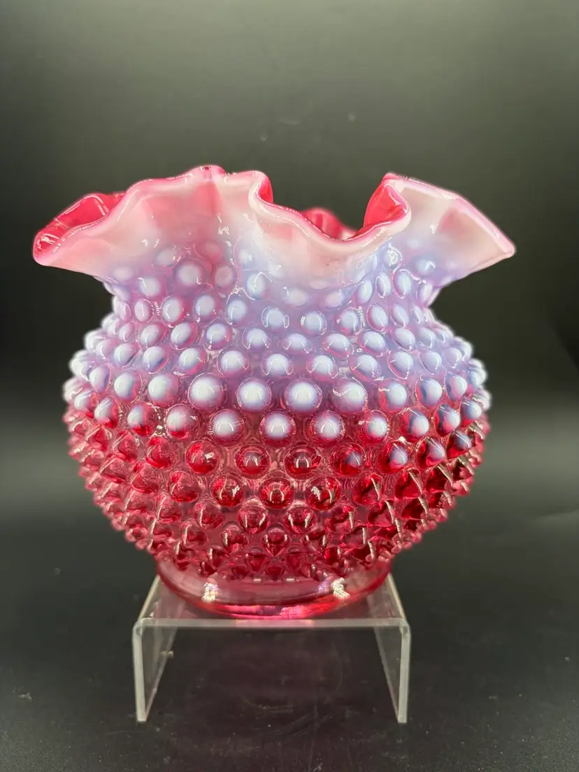 Vintage Fenton Cranberry Opalscent hobnail Vase with ruffled rim
