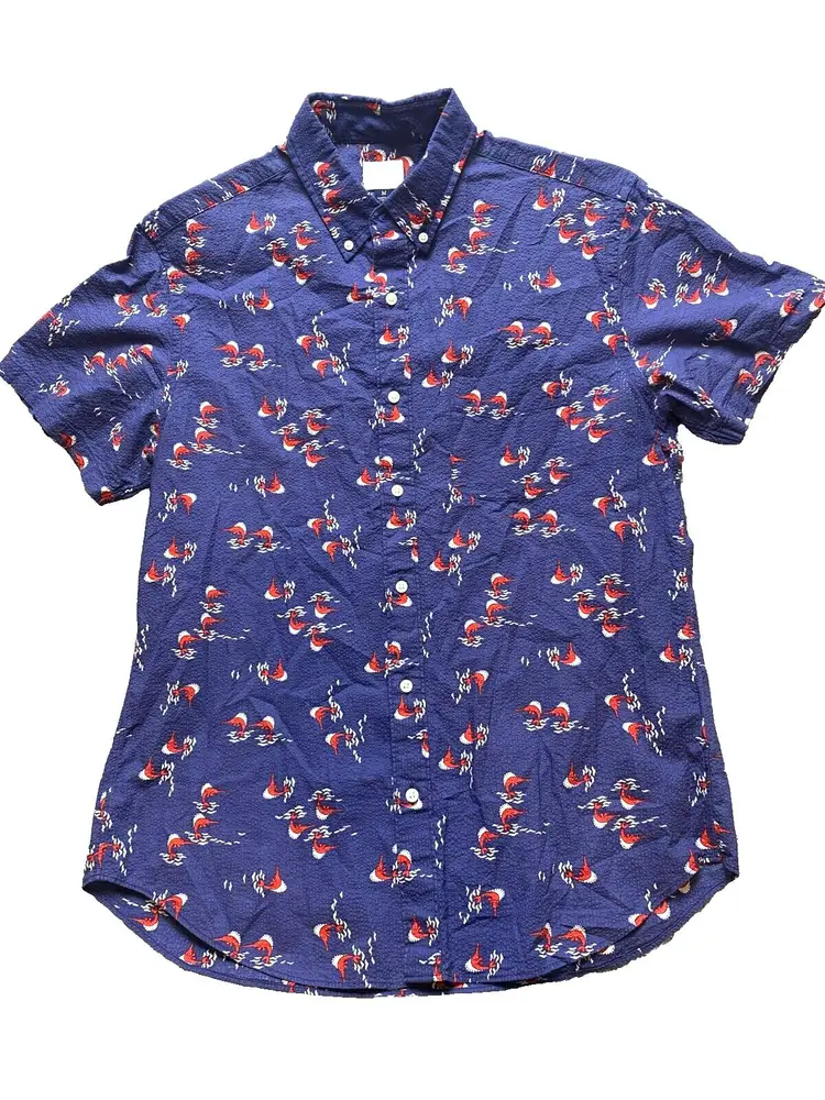 J Crew Shirt Adult Medium Blue Button Up AOP Long Nose Fish Casual Collared Mens