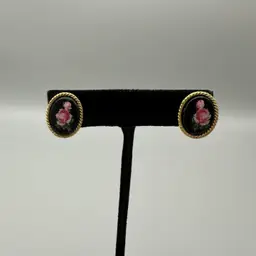 Vintage Trifari Enamel Rose Clip On Earrings