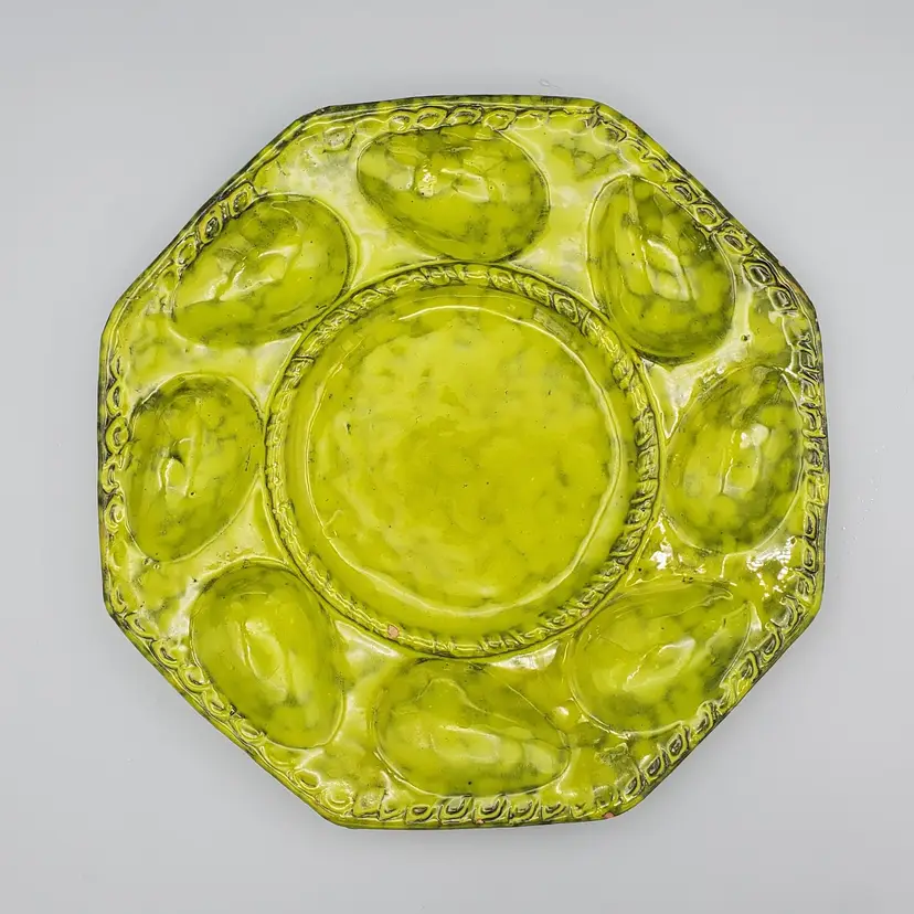 Vintage Italian Deviled Egg Platter #964, Yummy Glaze, Avocado Green