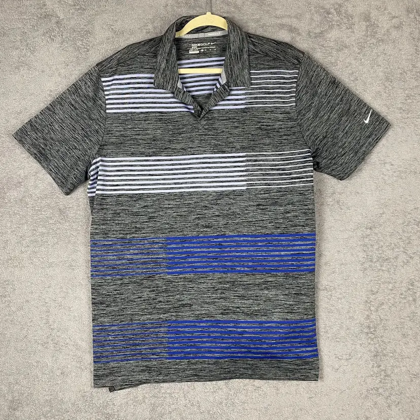 Nike Golf Polo Shirt Mens XL Gray Blue Striped Dri-Fit Performance Short Sleeve K-2706
