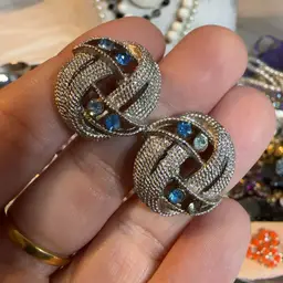 Vintage Silver Tone Weaved Circle Ice Blue Rhinestone Clip Earrings (TLC)