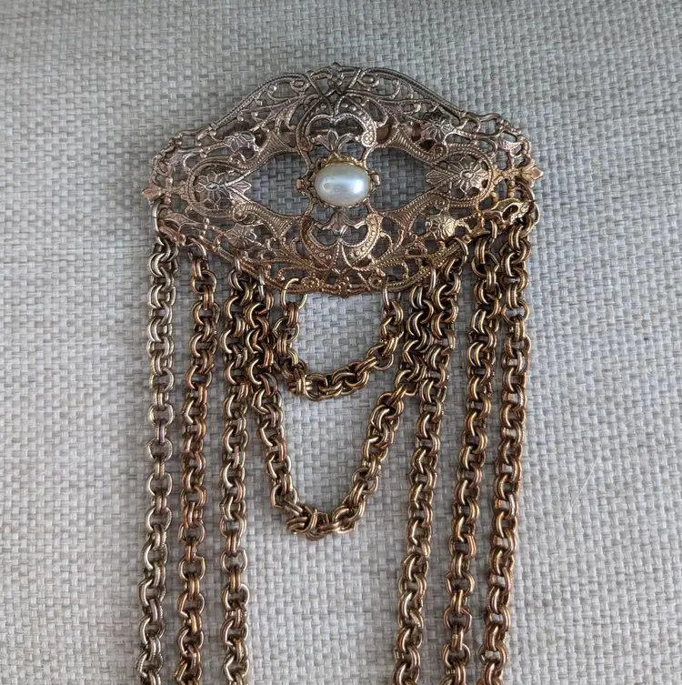 Victorian Revival Swag Brooch with Pearl