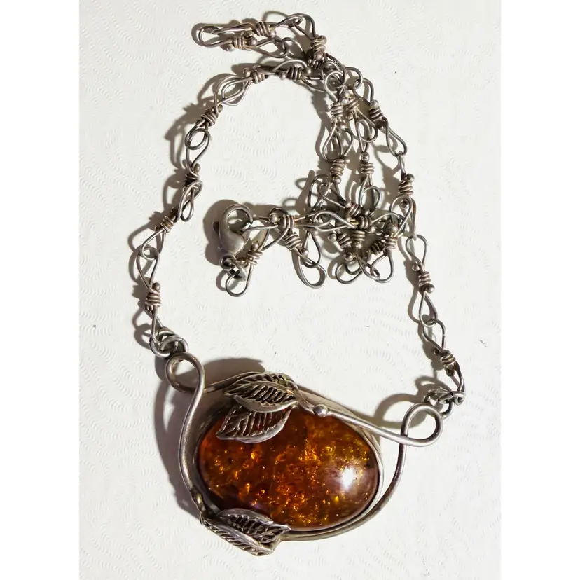 Artisan Natural Amber Sterling Silver Necklace With A 2” x 1.25” Center Piece With A 18” Hand Made Twisted Wire Chain- Tested Metal Guaranteed