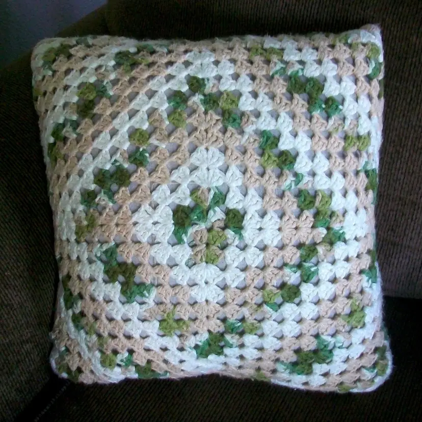 Hand Crochet Granny Square Accent Pillow Green Beige White 16"x16"