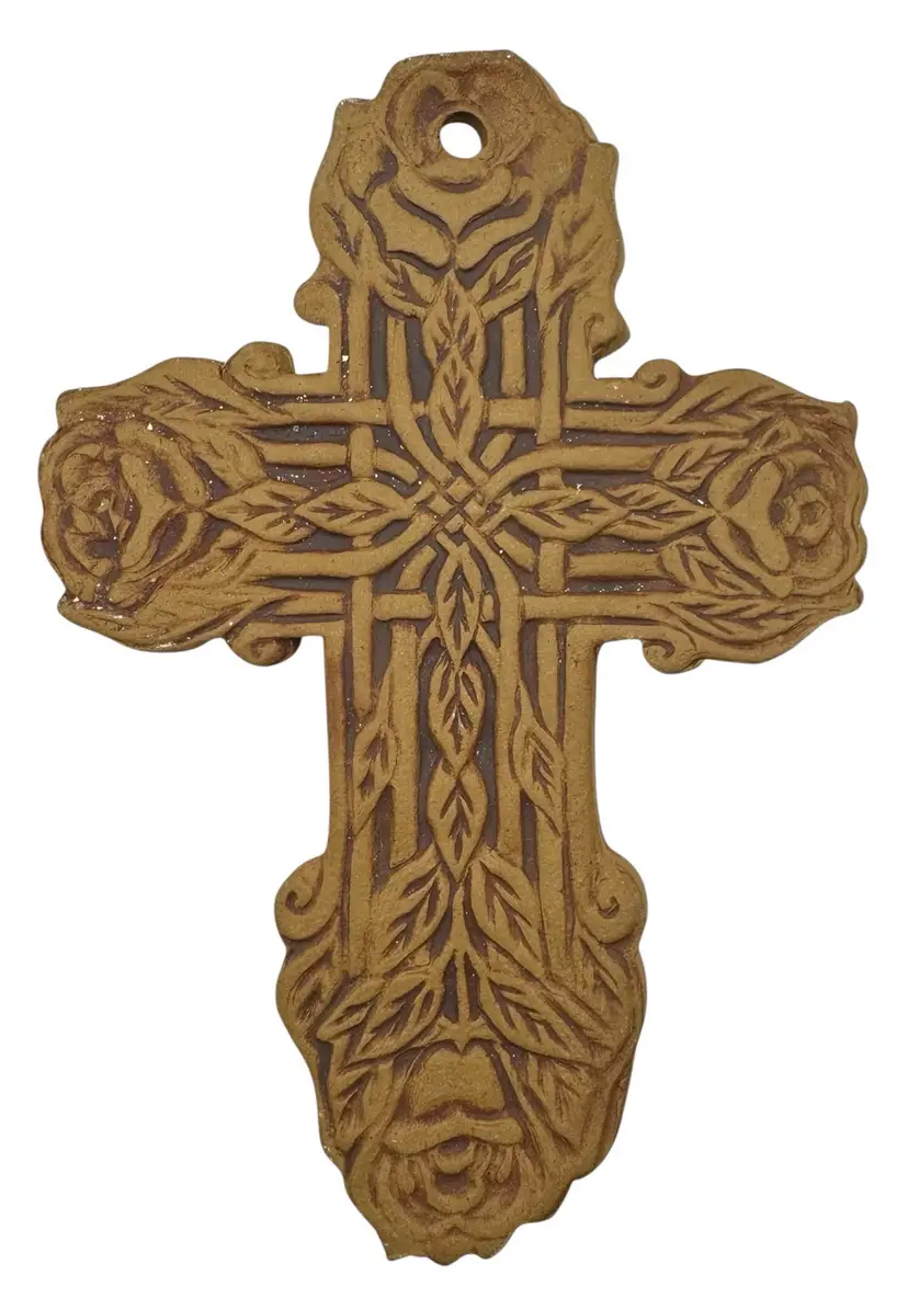 Signed Studio Art Pottery Celtic Cross Wall Hanging Plaque Beige Rose 7.5 x 5.5”