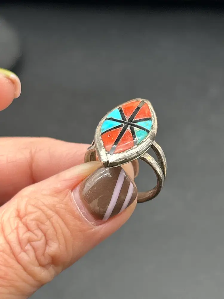 #01 Vintage Zuni Style Sterling Silver Inlay Ring Size 5 — Turquoise, Coral, Jet & Shell Mosaic Native American Southwest Jewelry