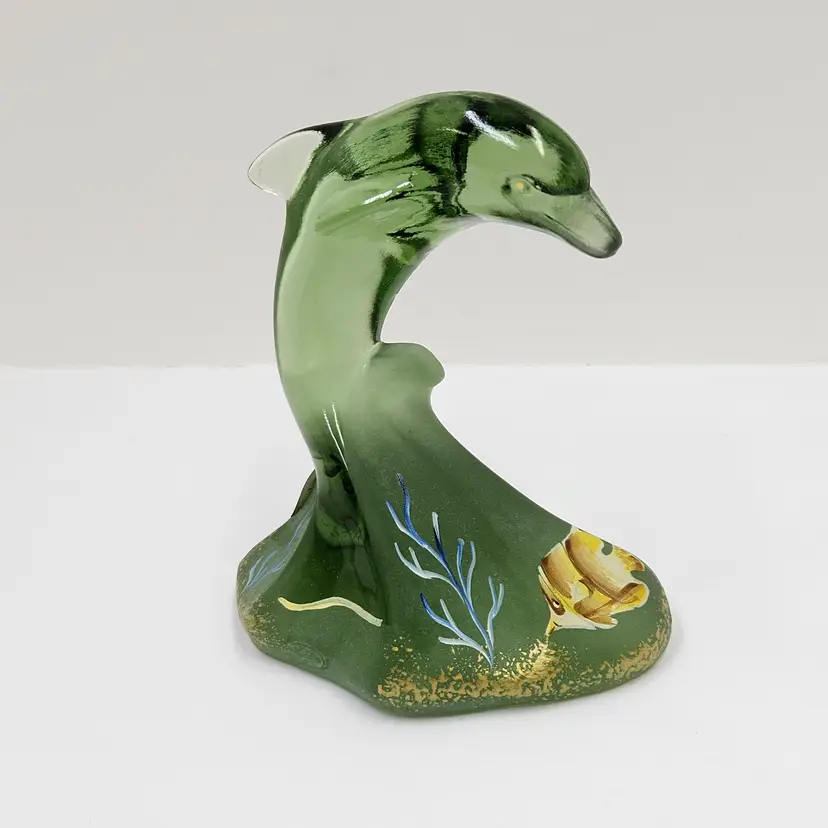 Fenton Green Hand Painted Glass Dolphin Figurine 4"x3.5"