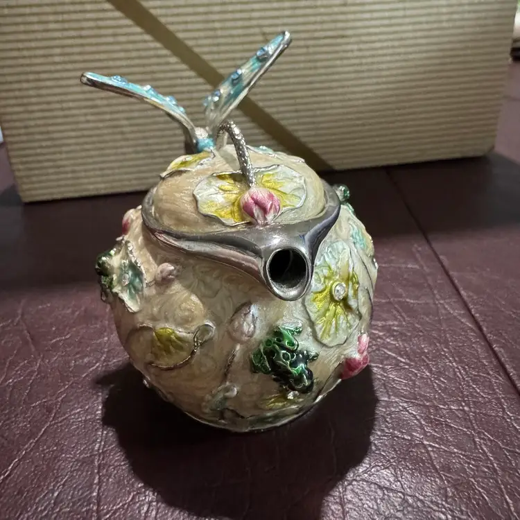 2” Tall Teapot Trinket Enameled Butterfly Frog Lily Pads Magnetic Lid