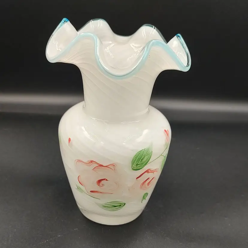 Vtg Fenton Optic Swirl Blue Crest Floral Vase