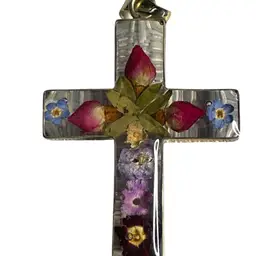Dried Flowers In Resin ATI Mexico Sterling Silver Frame Cross